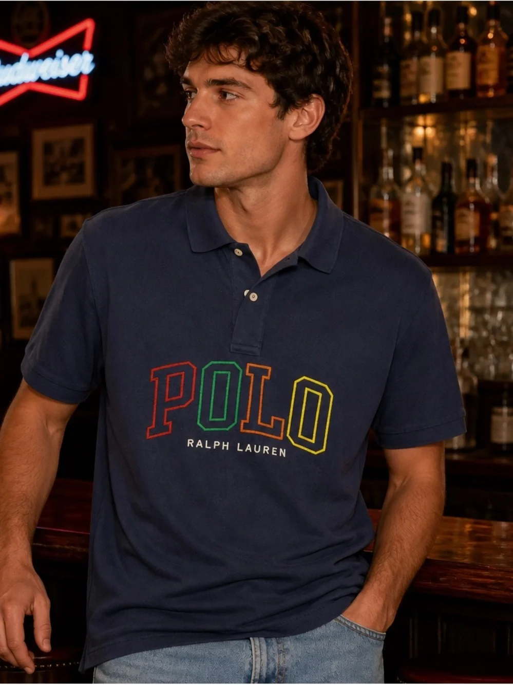 Polo by Ralph Lauren Navy Short-Sleeve Polo with Multicolor POLO Letters
